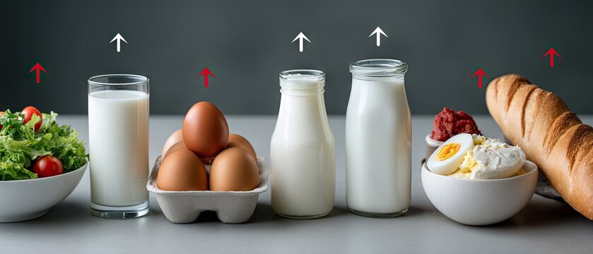 Food and milk prices rise with vegetables and eggs displayed against a blue and gray backdrop in a stock photo contest winner