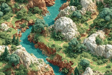 Top-down seamless terrain map texture fantasy RPG style blended biomes with forests rivers and mountains repeatable tile pattern muted colors