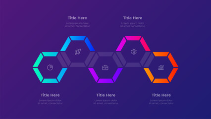 5 Steps Process Infographic Diagram Presentation Template with Hexagon Options on Dark Purple Background