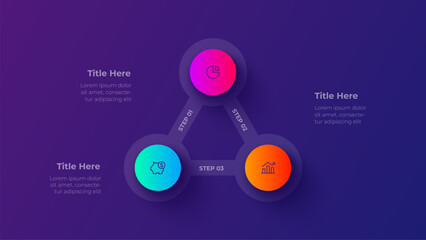 3 Steps Triangle Process Infographic Diagram Presentation Template with Business Options on Dark Purple Background