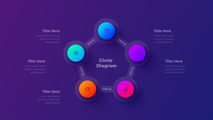 5 Steps Process Infographic Diagram Presentation Template with Five Options on Dark Purple Background