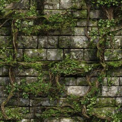 Seamless texture of ancient stone walls covered in moss and vines perfect for fantasy RPG environments