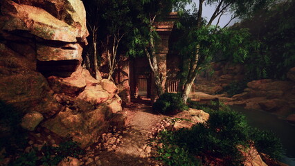 Obraz premium A winding path leads through ancient rock formations to weathered ruins hidden among vibrant trees. The soft glow of dusk casts a serene atmosphere over the tranquil scene.