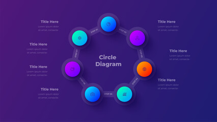 7 Steps Process Infographic Diagram Presentation Template with Seven Options on Dark Purple Background