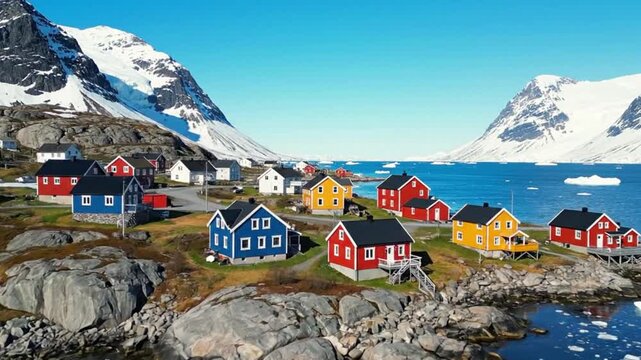 landscape nature of Greenland  arctic with colorful wooden houses  and  mountains iceberg