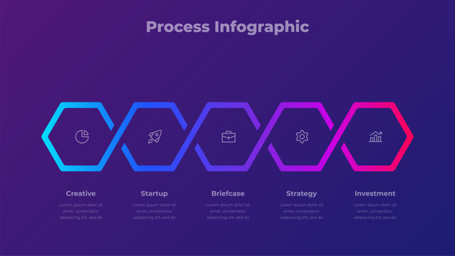 5 Steps Hexagon Line Infographic Diagram Presentation Template with Process Options on Dark Purple Background