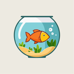 Cartoon fish in a glass bowl aquatic scene with bubbles and plants