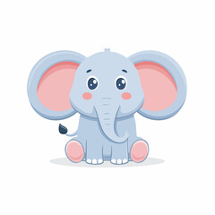 Cute cartoon elephant sitting with big ears and friendly expression on white