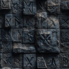Dark fantasy seamless texture of cursed runes carved into obsidian stone walls