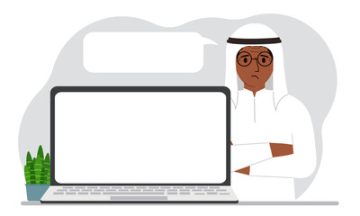 A man near a laptop stands with his arms crossed. There is a white cloud for writing text from his mouth. Vector flat illustration
