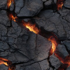 Seamless texture of volcanic rock with glowing lava cracks fantasy underworld terrain