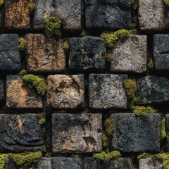 Medieval castle seamless texture of aged granite blocks with moss and erosion