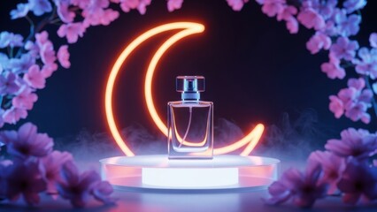 Luxurious perfume bottle on glowing crescent moon display with flowers