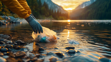 A gloved hand picks up a bag of trash from a lake in a sunset landscape, a shot about nature cleanup, volunteering, and protecting aquatic ecosystems.