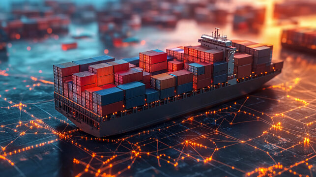 A container ship in a port, standing on a digital map with highlighted nodes &mdash; global maritime logistics, network deliveries.