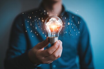 A man holding a glowing lightbulb with binary code floating around it, symbolizing a bright idea or innovation.
