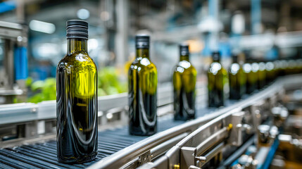 Glass bottles of olive oil moving on a conveyor belt at a modern food factory, concept of bottling, packaging, automation and industrial food production.