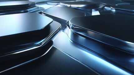 Sleek abstract tech background design chrome surfaces with floating geometric shapes and soft blue lighting