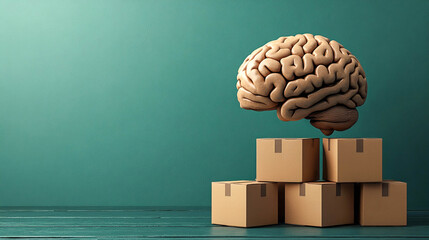 A model of the human brain floats above a stack of cardboard boxes, symbolizing memory, information storage, creative thinking, and data organization.