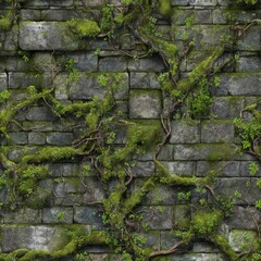 Seamless texture of ancient stone walls covered in moss and vines perfect for fantasy RPG environments