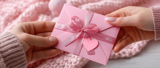 Hand passing a gift envelope with a ribbon bow and heart for Valentine's Day celebration between two people on a colorful backdrop