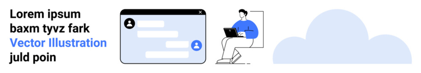 Fototapeta premium Cloud computing, online communication, remote work, tech services, virtual chat, data storage. A person sitting with a laptop next to a chat interface and a cloud. Cloud computing and online