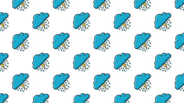 Weather-themed seamless background animation with repeating storm clouds and lightning bolts. Clean white backdrop with floating rain cloud elements in a flat sticker style