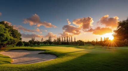 Obraz premium Golf course at sunset with beautiful sky and sand trap landscape