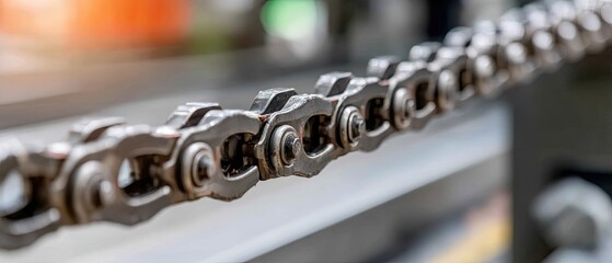 Industrial chain and sprockets on production line in factory setting showcasing modern technology with close-up details and sharp focus in dark environment