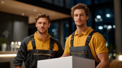 A pair of professional workers pause briefly while carrying a sleek modern refrigerator into the kitchen, emphasizing strength, safety procedures, and household appliance delivery. cinematic color