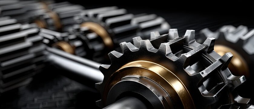 Industrial chain and sprockets on the production line in a factory with modern technology against a dark background