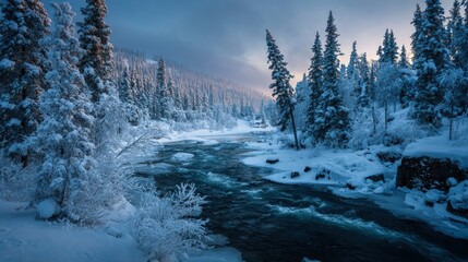 A frozen river in winter scenic landscape with snow-laden trees and soft blue twilight glow