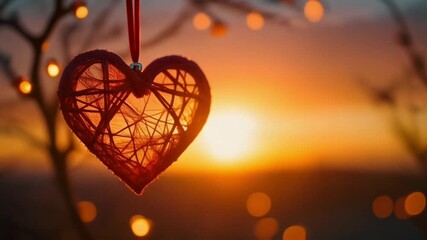 Heart ornament hanging against a golden sunset background, creating a warm romantic Valentine silhouette scene.
