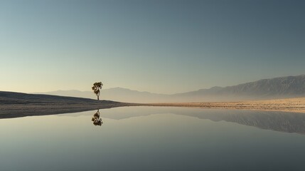 Minimalist desert landscape at dawn a lone cactus reflected in a rare rainwater pool beautiful stark contrast of earth and sky