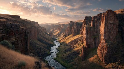 A cascading river cuts through a dramatic canyon scenic landscape with towering cliffs and golden sunset hues