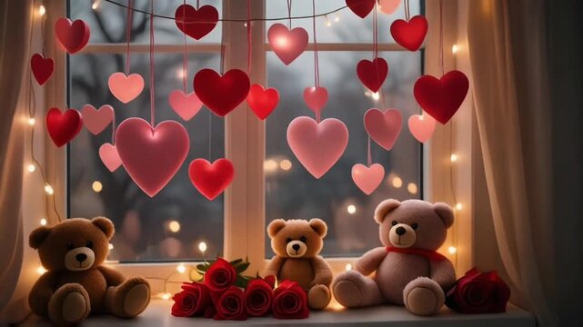 Teddy bear with hearts, create a valentine atmosphere.