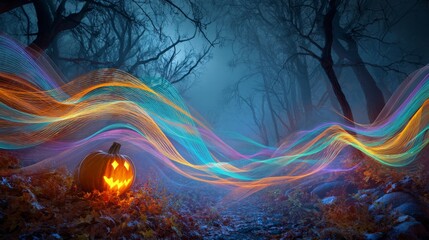 Woodland patches of pumpkin amidst autumn glow. Data network. Magic of pumpkins in a vibrant, whirling leaves forest. Communication lines. Connected devices.