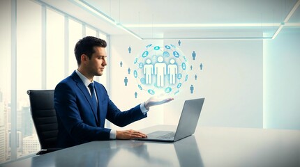 Businessman holding global human resources network for recruitment and management