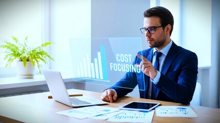 Businessman analyzing cost focusing growth chart on virtual screen in office