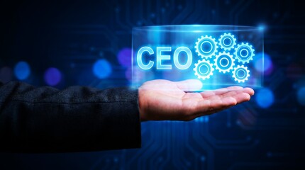 CEO holding digital gears icon for corporate leadership and management strategy