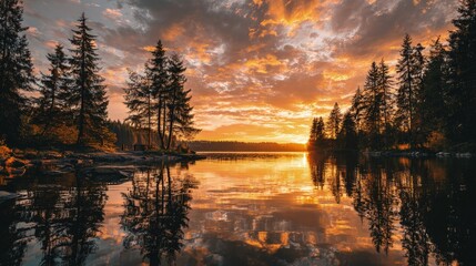 Golden sunset over a vast lake scenic landscape with silhouetted pine trees and a calm mirror-like water surface
