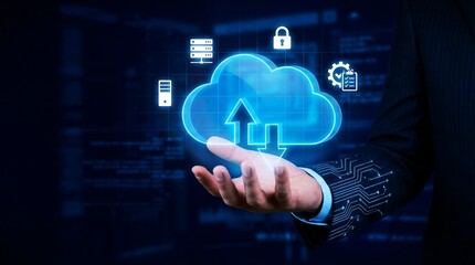 Businessman holding cloud computing network for secure data storage and backup