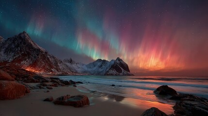 Northern lights over the sea snowy mountains at starry winter night beautiful landscape