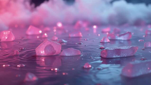 Glowing Pink Ice Blocks on a Reflective Surface with Misty Background