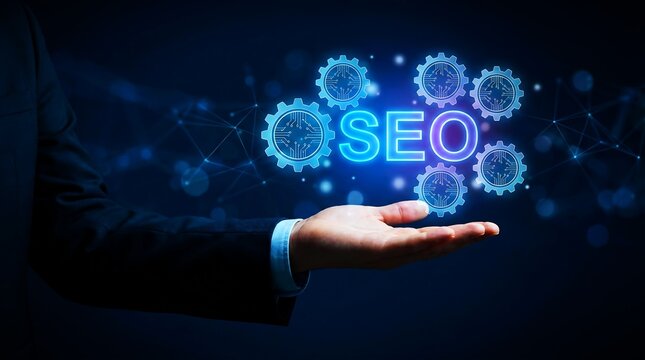 Businessman holding SEO text with gear icons for digital marketing strategy - Powered by Adobe