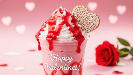 Delicious Valentine's Day milkshake with heart cookie and rose