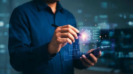 Man using smart home interface on smartphone for real estate management