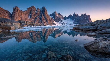 Arctic tundra landscape icy blue water mirroring jagged glaciers and midnight sun beautiful surreal reflection of frozen wilderness