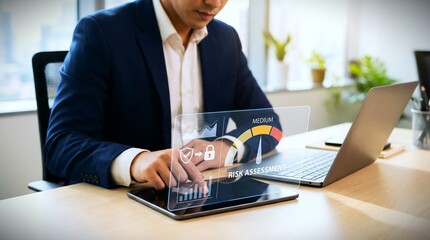 Businessman using tablet for risk assessment and financial data analysis