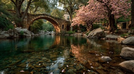 A crystal-clear river flows under an ancient stone bridge scenic landscape surrounded by cherry blossoms in spring